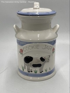 White Blue Ceramic Cow Milk Can Kitchenware Handled Cookie Jar With Lid