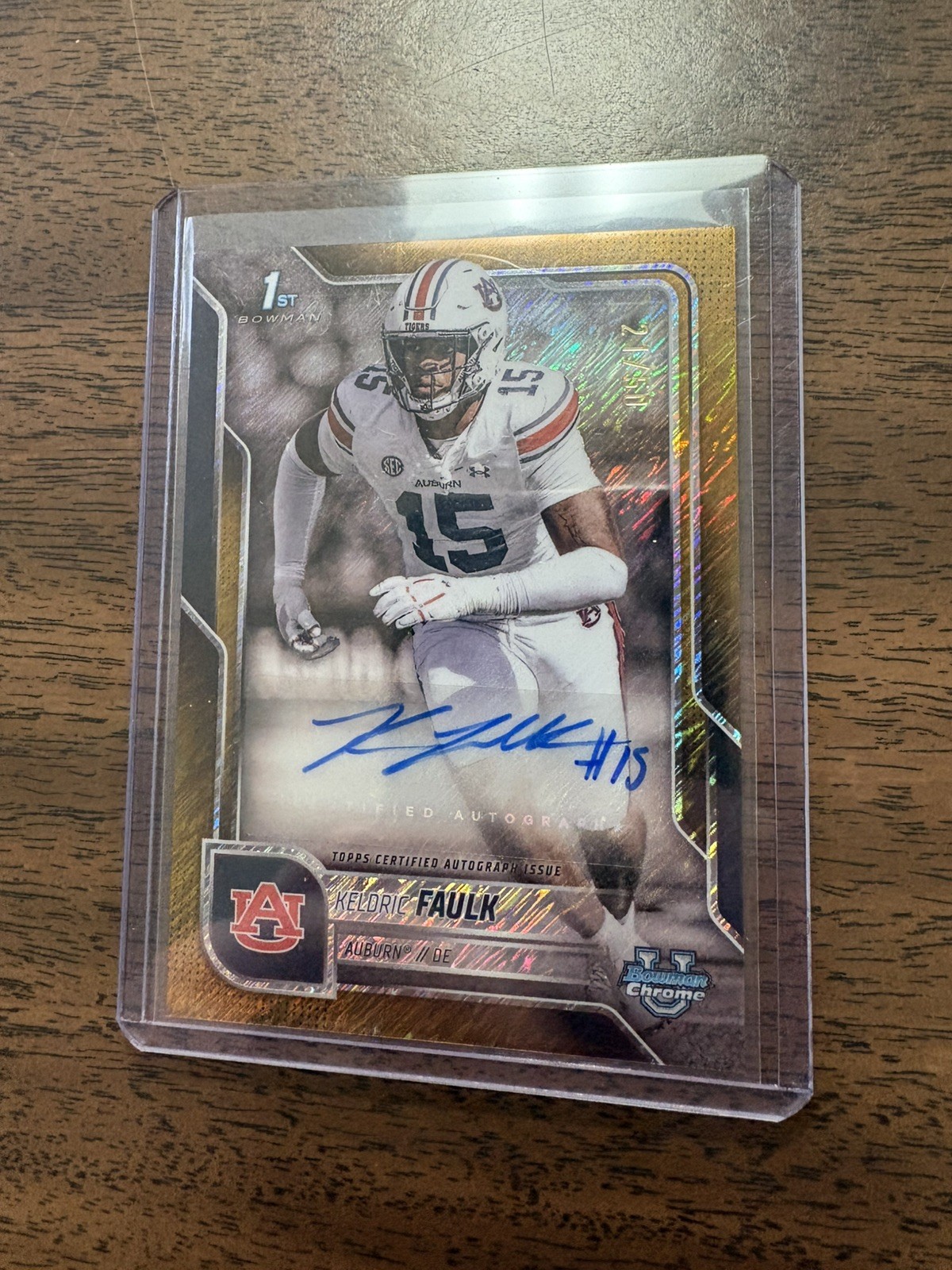 2025 Bowman Chrome University #BCA-KFA Keldric Faulk Auto Gold Shimmer Ref /50