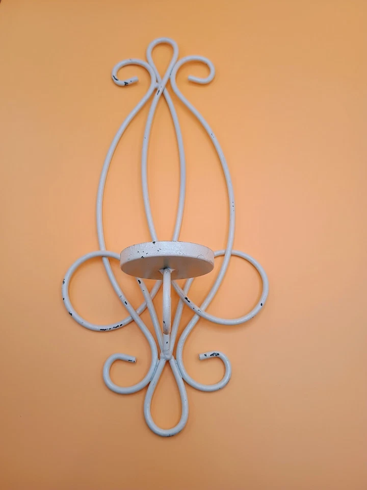 Vtg Pair Wrought Iron Hanging Candle Sconce Holder White  - Image 3 of 4