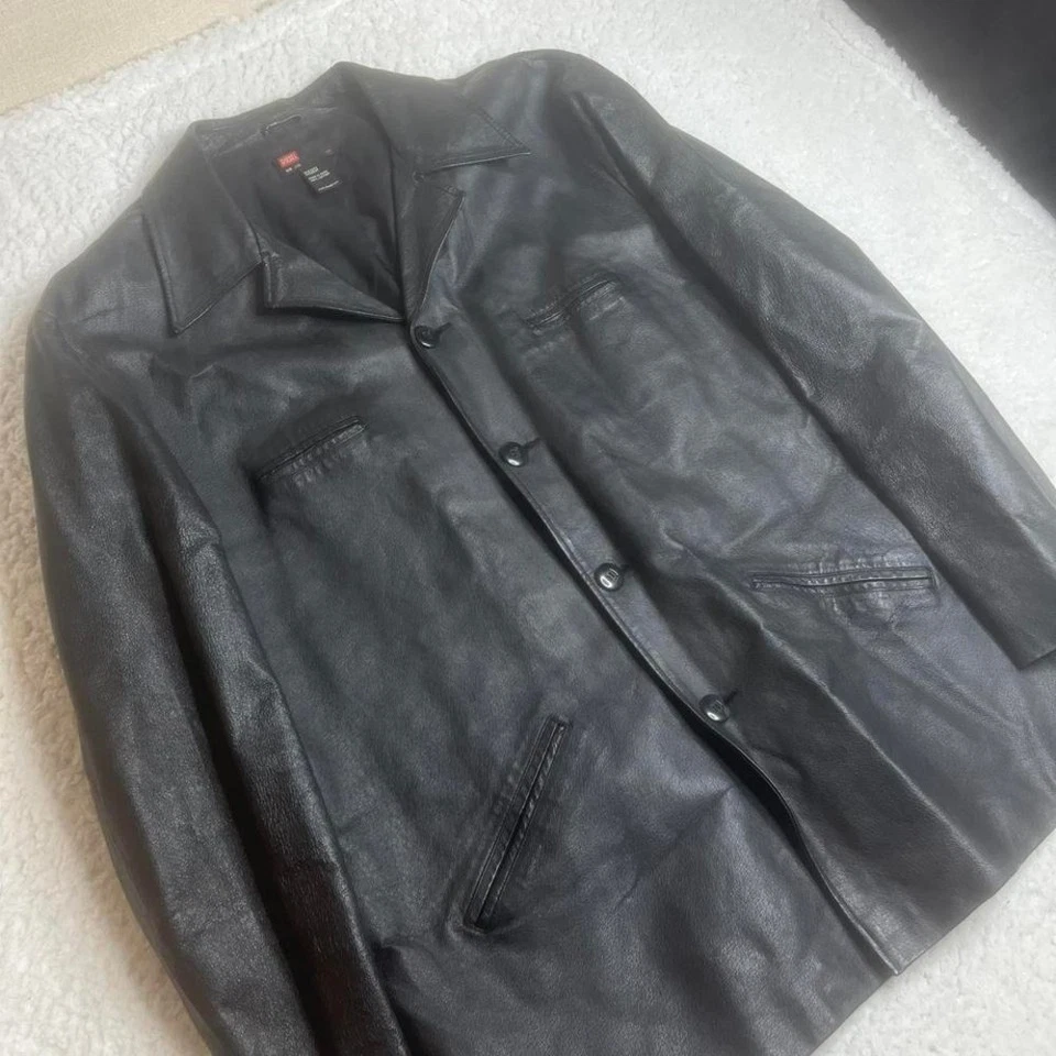 Vintage Diesel Hombre Negro Largo Fit Cuero Chaqueta Tareas Y2K Años 90 XXL Foto 2 de 4