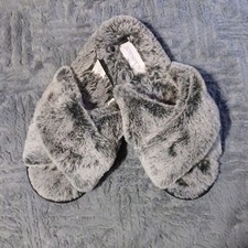 Joyspun Women's Slip-On Slippers Gray Faux Fur Open Toe Comfort