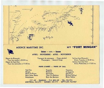 M V Fort Mingan Brochure Rimouski to Sept Iles 1975 Passenger Rates & Map
