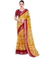 Women's Cotton Linen Printed and Zari Border Saree with Unstitched Blouse Piece