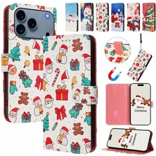 Christmas Lederhülle Wallet Cover Fr iPhone 17 16 16e 15 14 13 12 Pro Max Plus