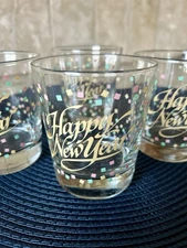 Happy New Year’s Lowball Bar Glassware Set-4 Tumblers VTG 90s Libbey Confetti