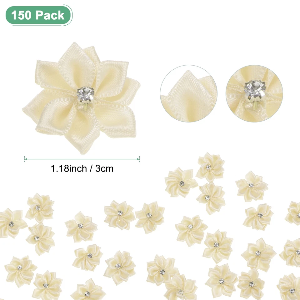 150-pack Satin Ribbon Flowers, 1.2 Inch Fabric Flowers for Crafts [Beige White] Foto 3 de 4