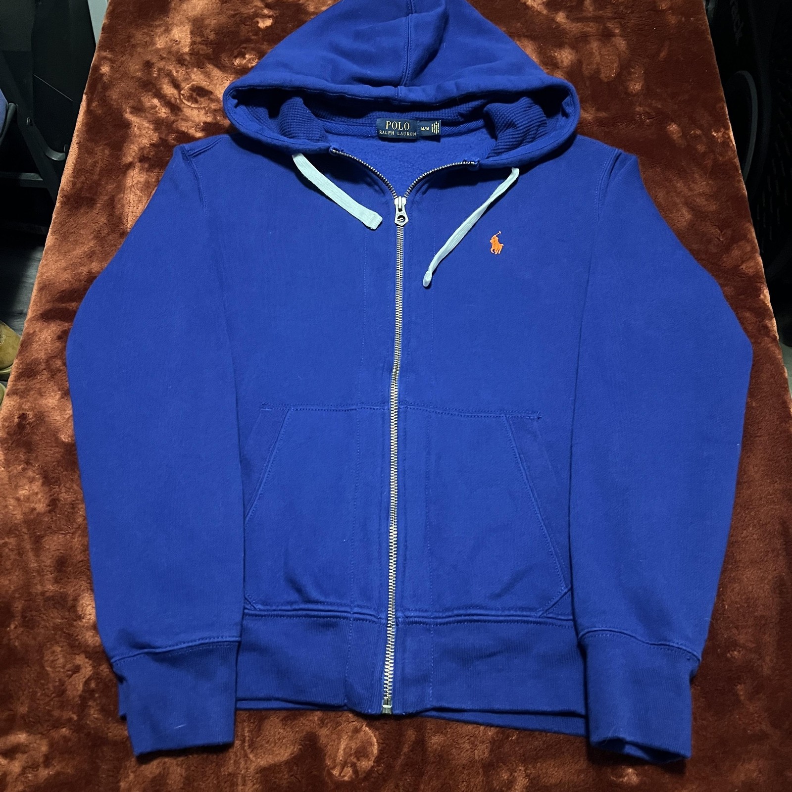 Polo Ralph Lauren felpa con cappuccio uomo blu medio full zip arancione logo pony