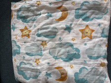 HTF X- large Muslin Swaddle Baby Blanket Clouds Stars Sun Moon 45x50" EUC