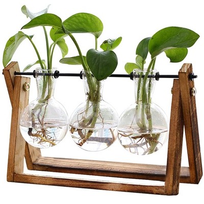Unique Vintage Glass Air Planter with Sturdy Wooden Holder - 3 Bulb Design