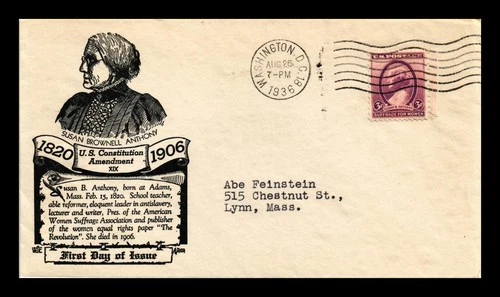 US COVER SUSAN B ANTHONY 19TH AMENDMENT FDC SCOTT 784 ANDERSON CACHET