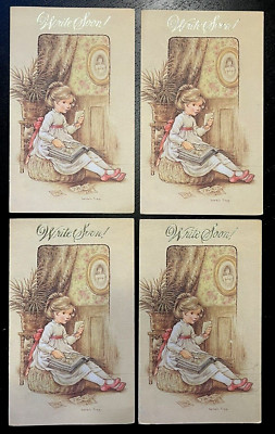 Vtg Lot 4 Greeting Card Little Girl Write Soon Sarah Kay Linen New Blank