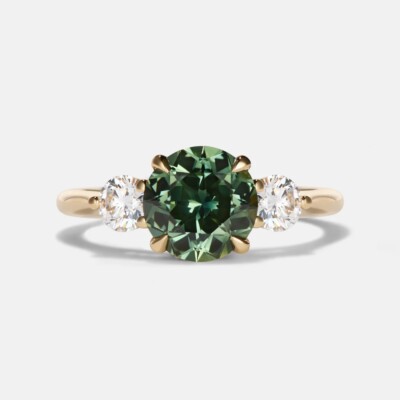 Round Green Sapphire Engagement Ring, Teal Sapphire Three stone ring 14k Gold