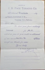 Tobacco J B Pace 1893 Letterhead, Richmond, VA to Virginia City, MT Montana