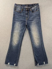Vigoss Jeans Womens Size 27 Blue Gwen Kick Flare Faded Whiskers Raw Hem