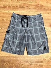 Hurley Mens Board Shorts Gray Plaid Swim Surf Cargo Pocket Logo Size 30