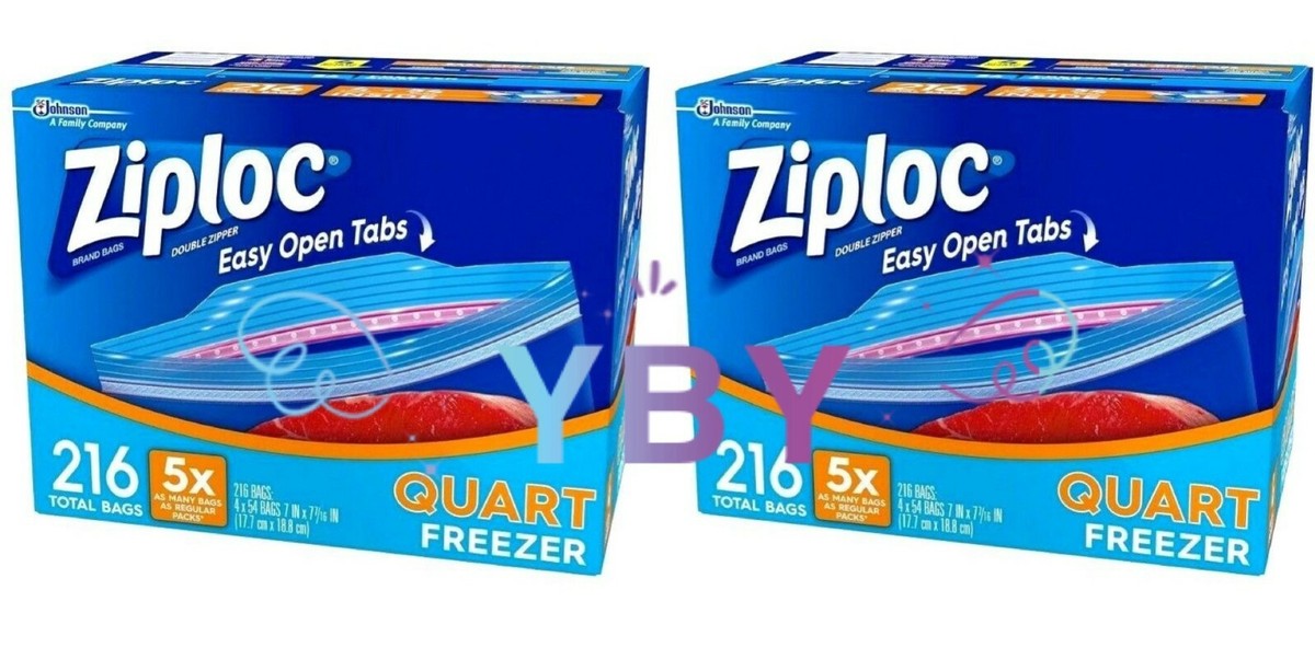 2 Packs Ziploc Quart Freezer Bags Heavy Duty Easy Open Tabs 216 CT