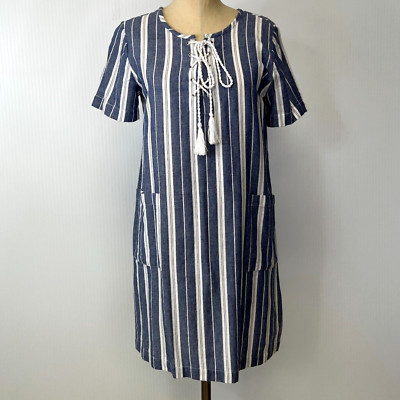 Mud Pie Dress Women Small Stripe Tie Neck Pocket Cruise Sailor Party Core Ne