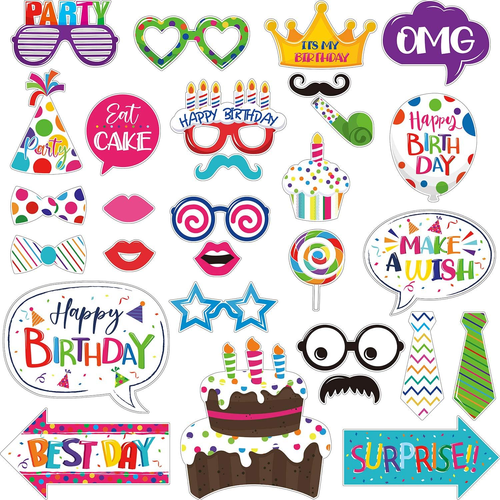 29 Pieces Birthday Photo Booth Props Kit Colorful Funny Kids Birthday Theme T...