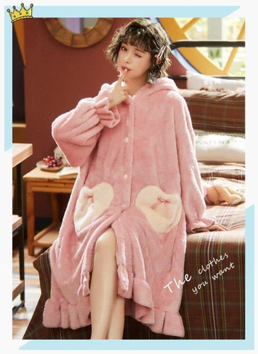 Mädchen Hase Kaninchen lange Ohren Nachthemd warm Flanell Kapuze dick Nachtwäsche PJ's - Bild 15 von 40