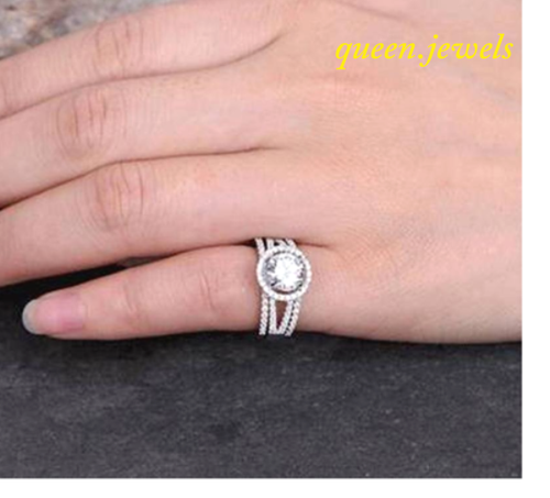 2.31CT Round Lab-Created Diamond Split Shank Halo Trio Set 14K White Gold Finish - Picture 6 of 7
