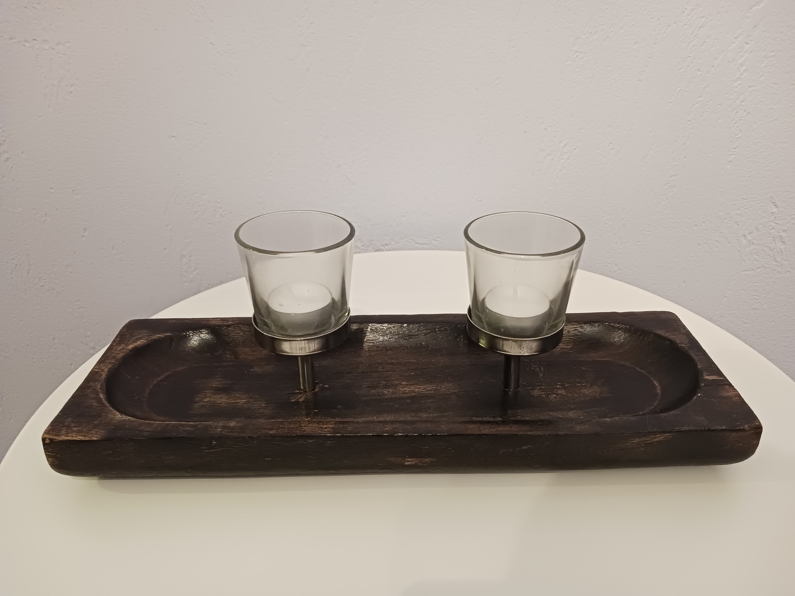 massiv Holz Deko Schale Kerzenständer Windlicht Glas Teelicht braun silber Xmas