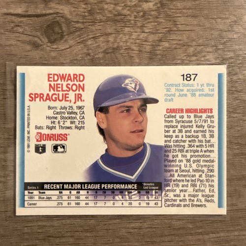 1992 Donruss Ed Sprague Toronto Blue Jays #187 - Picture 2 of 2