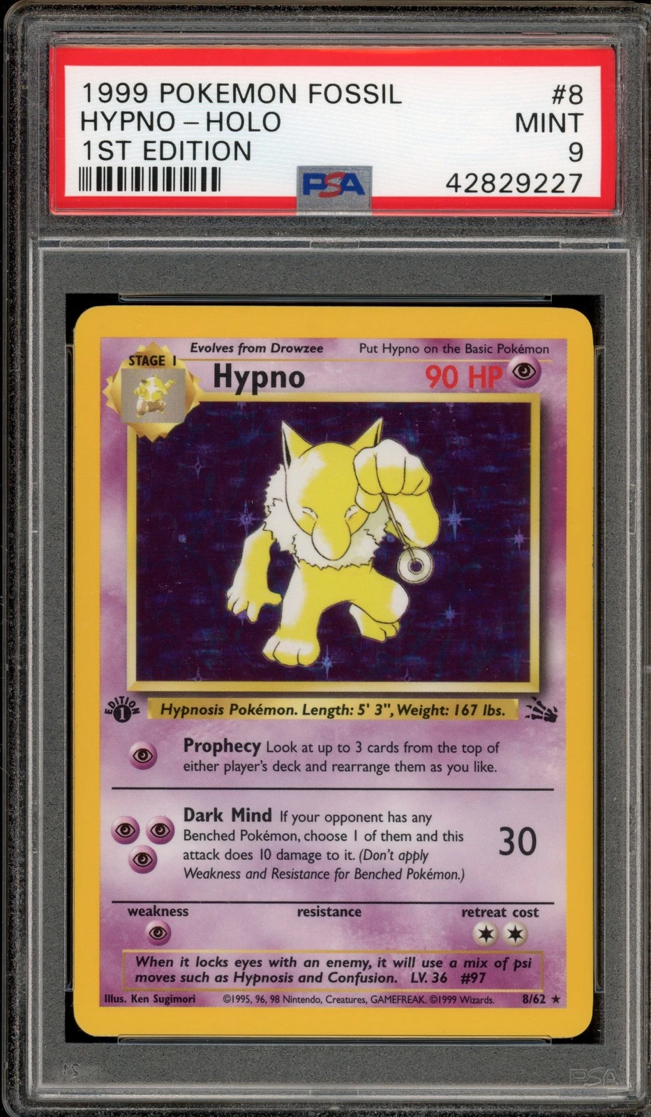 Pokemon Hypno Fossil 1st Edition Holo Rare #8 PSA 9 Mint