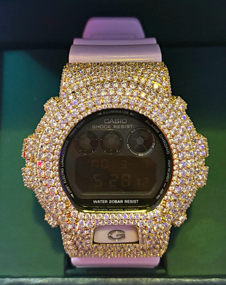 Iced Out Casio G-SHOCK DW-6900 Custom Gold Digital Watch White Strap