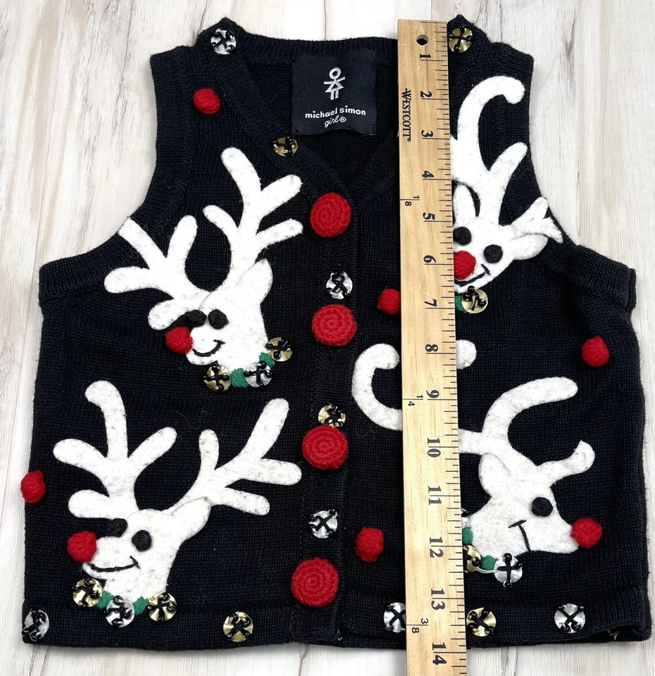 DE COLECCIÓN MICHAEL SIMON Niña Niños 2T Negro Adornado NAVIDAD SUÉTER CHALECO Reno Foto 4 de 4