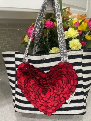 Handmade by Martini Pink Striped Tote Bag with dimensional Red Heart and Rose.