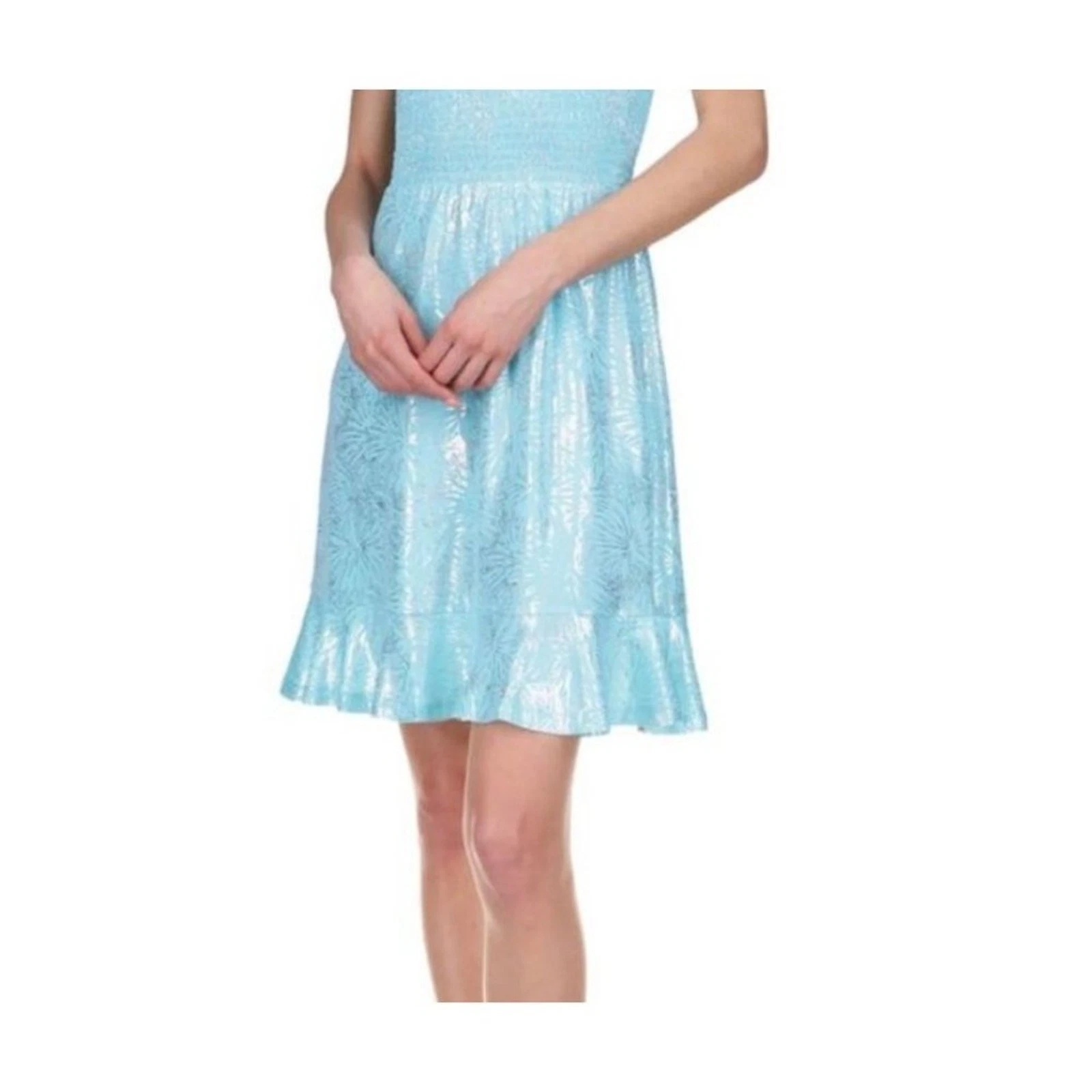 Abito Michael Kors Smocked Contadino Stampa Foil Turchese Nuovo con etichette Small