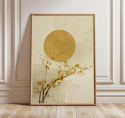 Minimalist Japanese Sun & Blossom Poster   Zen Botanical Wall Art