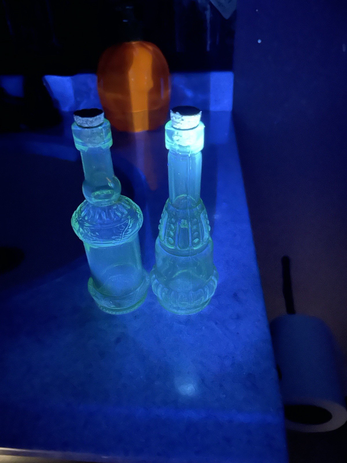 2 Green GLASS Bottles with Corks 4 3/4" Tall URANIUM