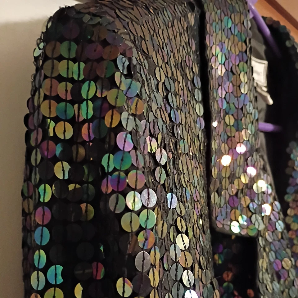 复古 Diane Gilman 真丝亮片西装外套,尺寸 L,迪斯科舞会 Glam 鸡尾酒 — 第 3/4 张图片