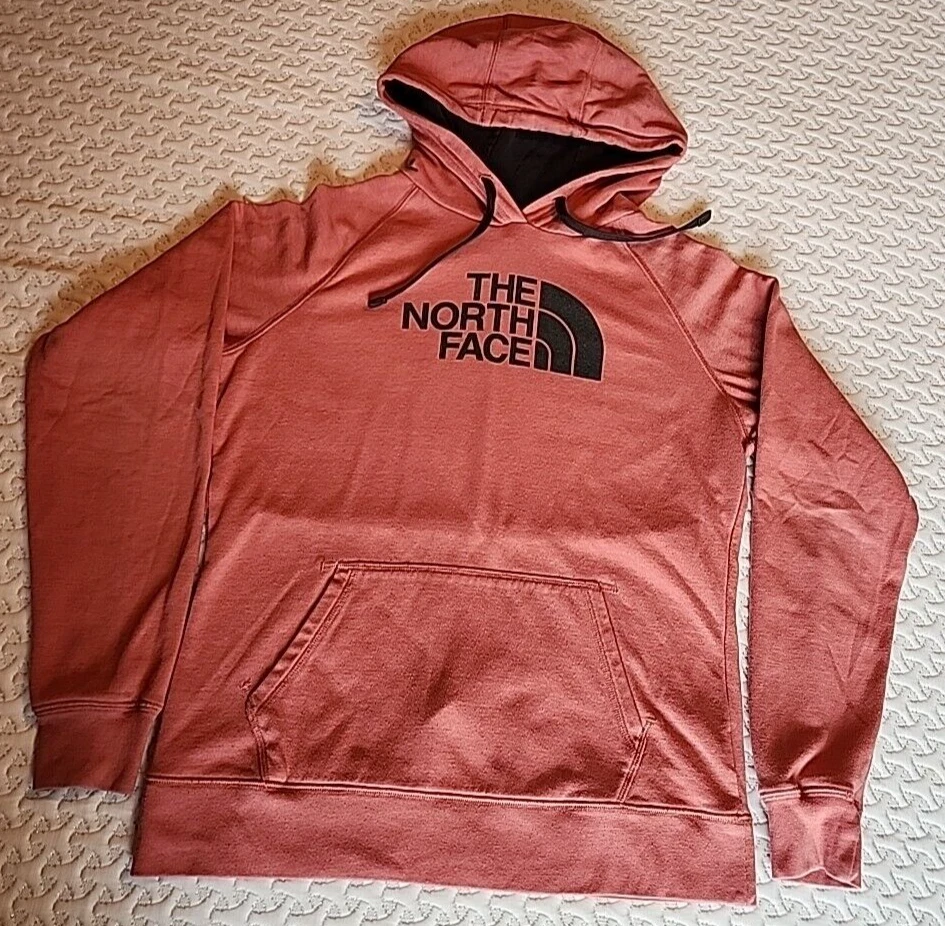 North Face Hoodie Sweatshirt Large Salmon Pullover Hiking Spellout Womens
