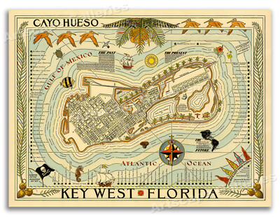 ''Cayo Hueso'' 1940s Key West Florida Vintage Travel Poster Art Print - 20x28