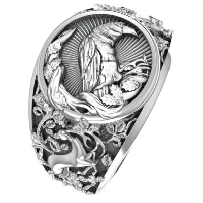 925 Sterling Silver Mens Biker Viking Odin Crow Bird Raven Ring