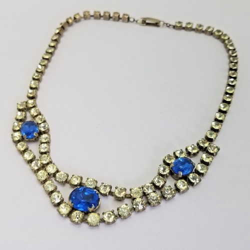 Vintage Costume Jewellery Sapphire Blue Paste Rhinestone Necklace www