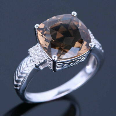 Natural Smokey Quartz and White Topaz Ring White Gold Plated Silver Ring p322