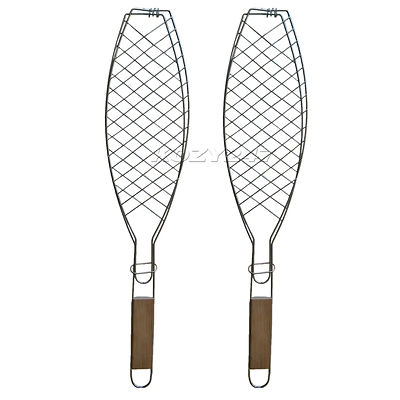  2 BBQ Barbecue Fish Grill Basket Folding Tool with Wooden Handle