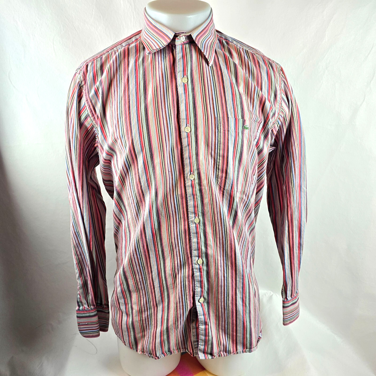 Lacoste Shirt Mens 42 Large Pink Button Up Button Up Dress Striped Alligator