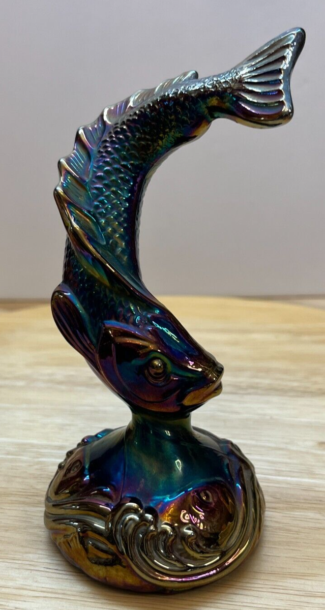 Fenton Glass Carnival Black / Amethyst Jumping Trout Koi