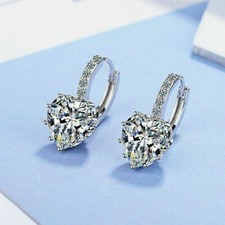 Silver WGP 10mm Heart Clear CZ w/ Crystal Accents Leverback Hoop Dangle Earrings