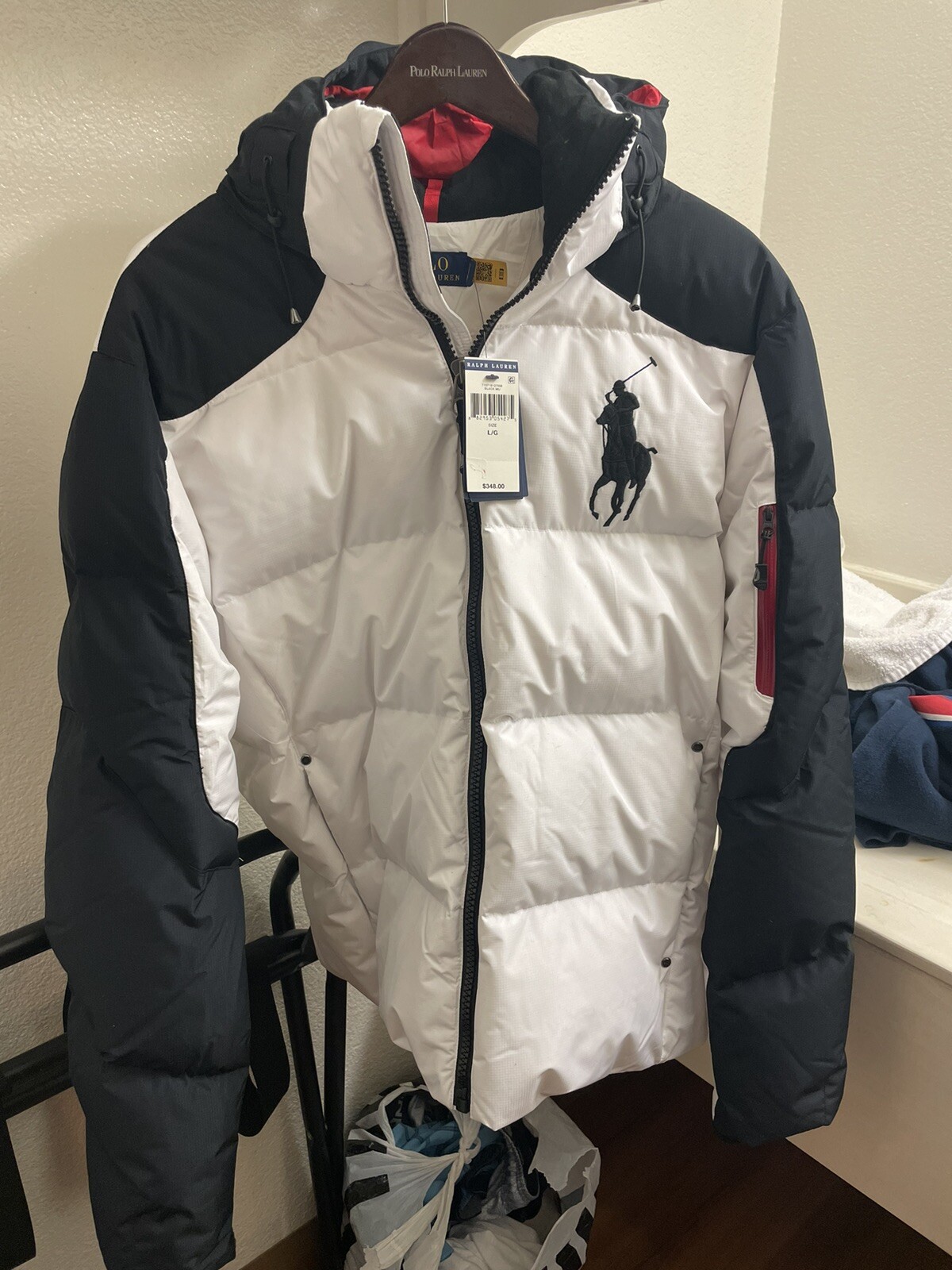 Mens Polo Ralph Lauren BIG PONY Down Puffer Hooded Winter Coat White Black  Large - ADJOVAN.COM