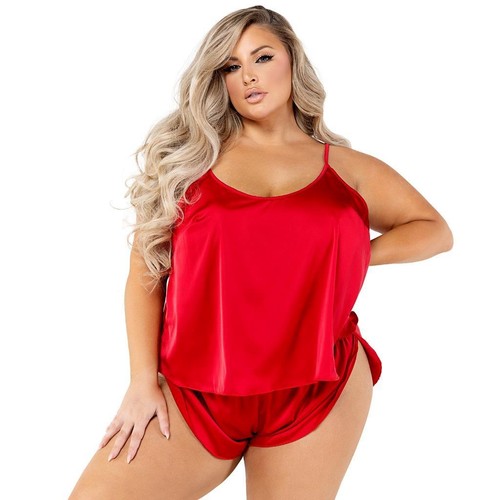 Juego de Pantalones Cortos Top Satinados Corte Alto Doble Tulipán Espalda Flyaway Ajustable Rojo LI505 - Imagen 3 de 5