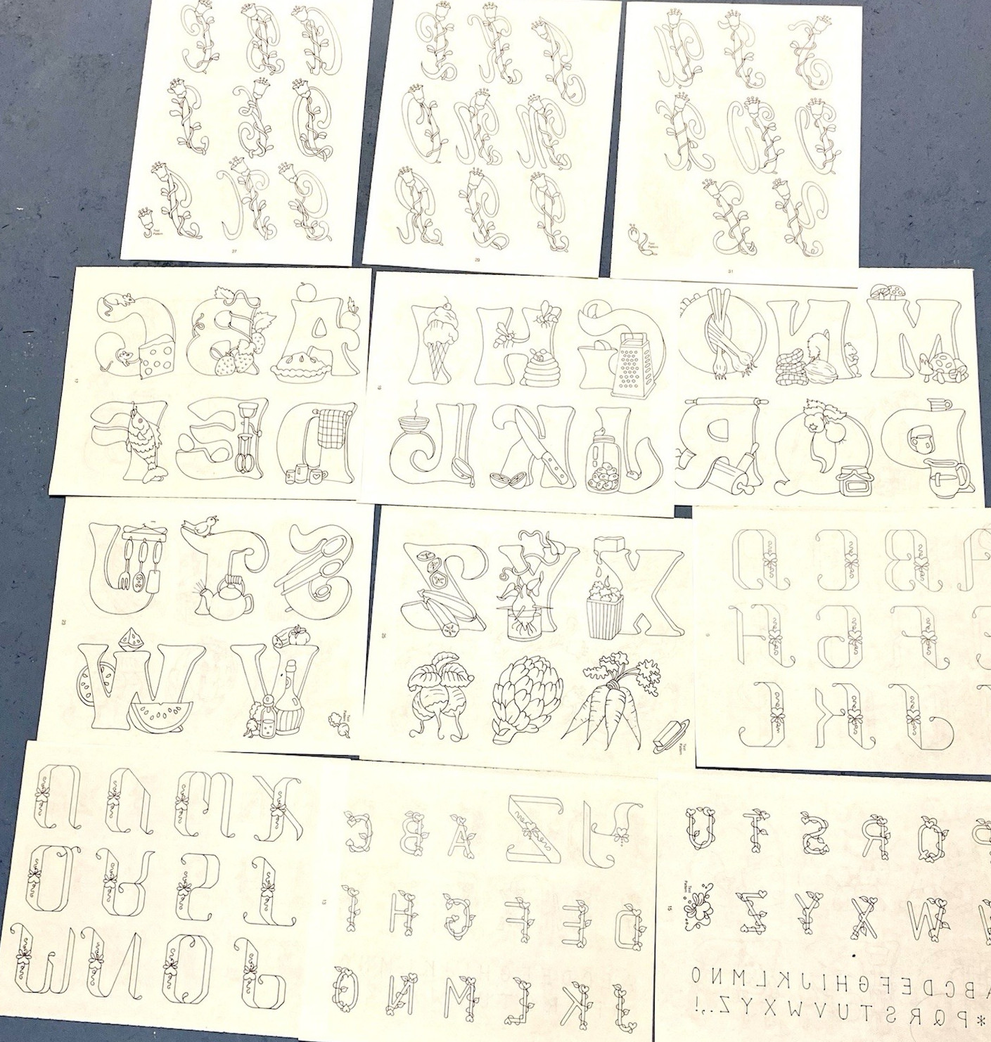 12 Vintage Iron On Transfer Individual Pattern Lot Alphabet Letters Theme Sheets