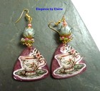 Sage Rosebuds & Tea Cups Handmade Artisan Earrings Coffee Tea Toters Lampwork — photo 3