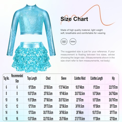 Kids Girls Dancewear Ballerina Crop Top With Culottes Shiny Sequins Mock Neck - Picture 30 of 61