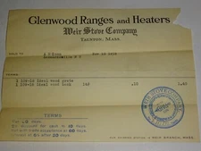 1918 letterhead Glenwood Ranges & Heaters Weir Stove Co. Taunton, MA 11/13/18
