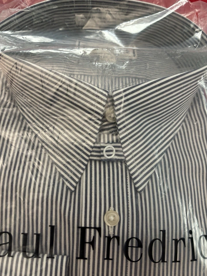 NWT Paul Fredrick 17.5/35 Tailored Fit Blue Stripe NI Snap Tab Collar Frnch Cuff - Image 4 of 4